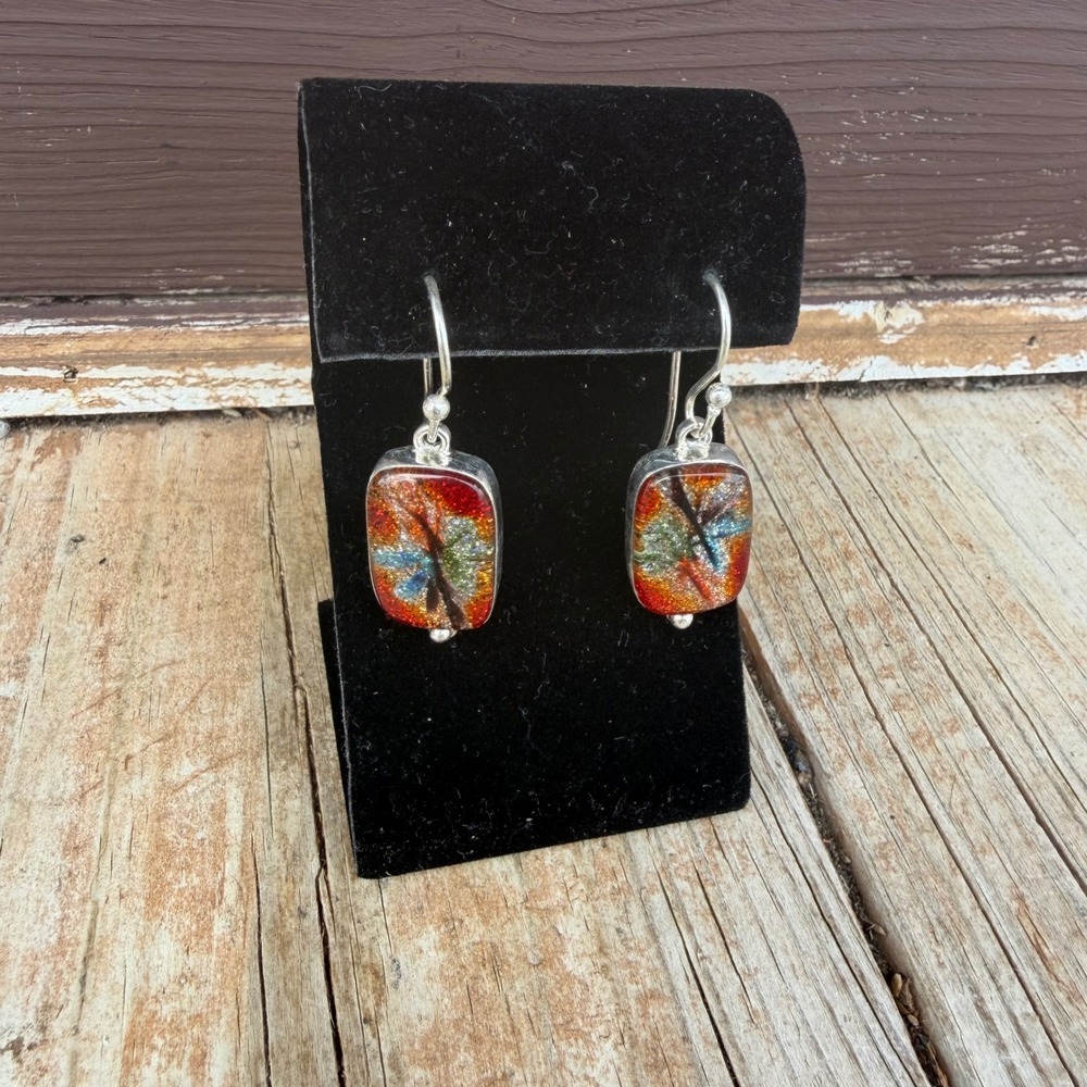 Handmade Sterling Silver .925 Dichroic Glass Earrings Rectangular Dangle Sparkle